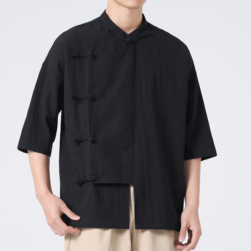 Buddha Stones Summer Tang Style Mandarin Collar Frog Button Solid Short Sleeve Men's Shirts - Black - US/UK/AU46，EU56 (5XL) - image 12