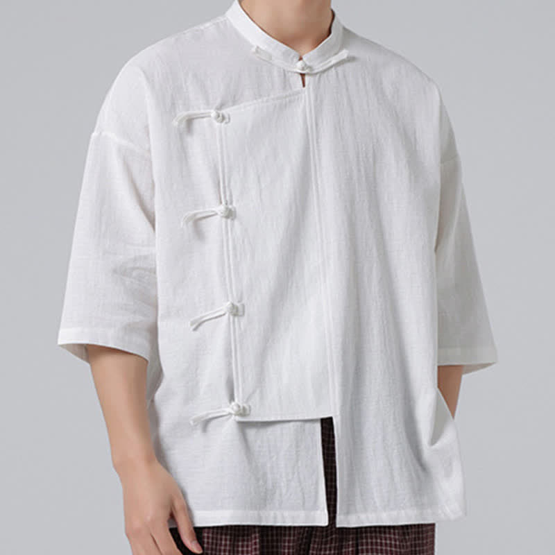 Buddha Stones Summer Tang Style Mandarin Collar Frog Button Solid Short Sleeve Men's Shirts - image 28