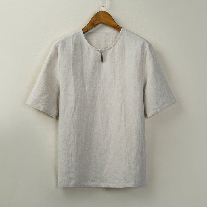 Buddha Stones Summer Tang Style Knot Button Side Slit Solid Men's Shirts - Linen - US/UK/AU44，EU54 (4XL) - image 0