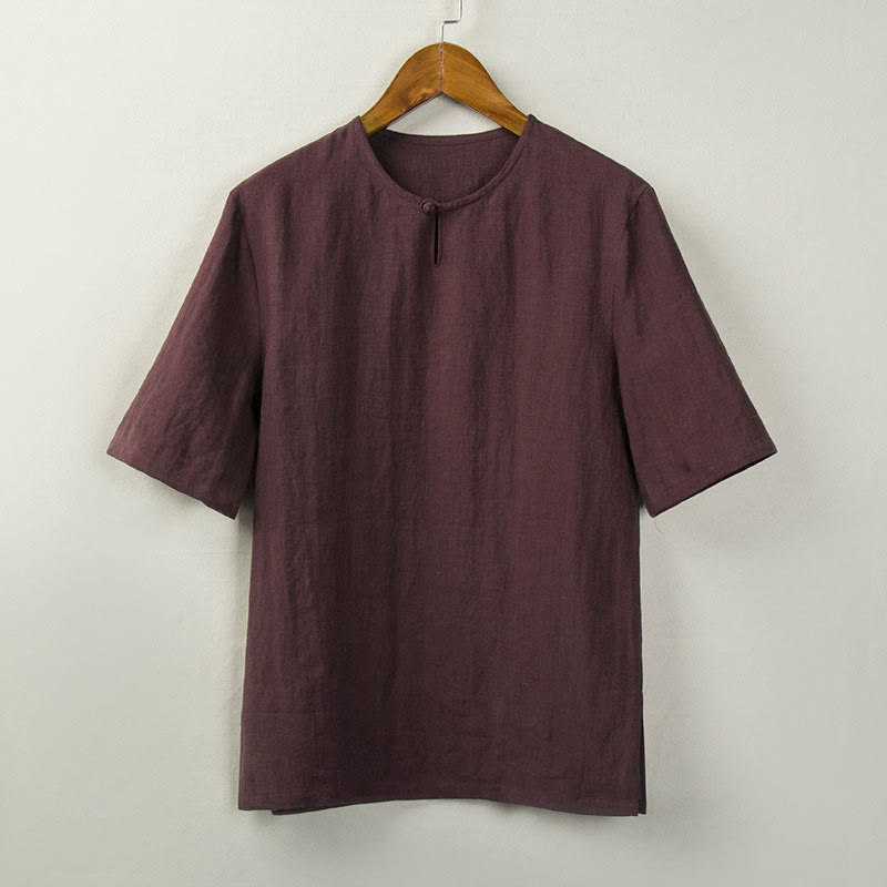 Buddha Stones Summer Tang Style Knot Button Side Slit Solid Men's Shirts - DarkRed - US/UK/AU44，EU54 (4XL) - image 2
