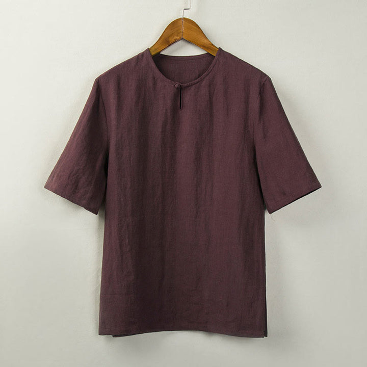 Buddha Stones Summer Tang Style Knot Button Side Slit Solid Men's Shirts - DarkRed - US/UK/AU44，EU54 (4XL) - image 2