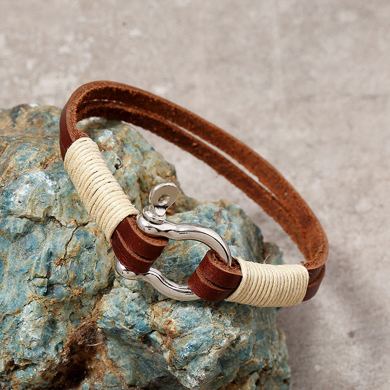 Buddha Stones Leather Double Wrap Winding Thread Shackle Balance Bracelet - image 1