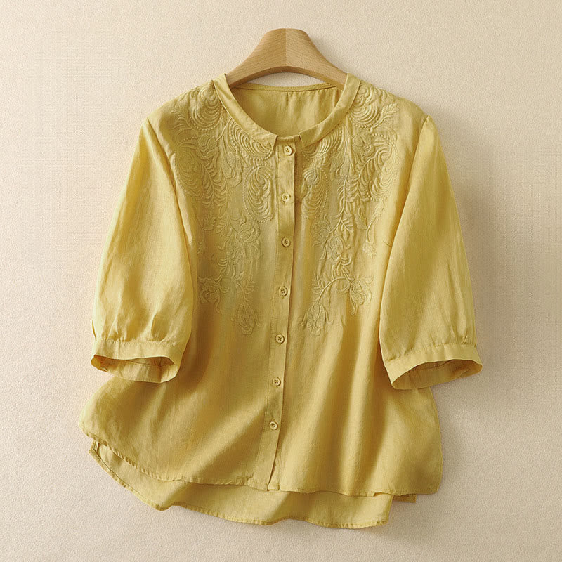 Buddha Stones Summer Vintage Embroidery Floral Women's Elbow-Length Sleeve Shirts - Khaki - US8-10，UK/AU12-14，EU40-42 (2XL) - image 0
