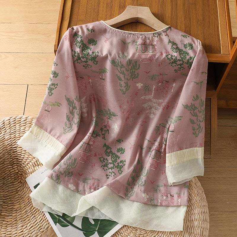Buddha Stones Summer Tang Style Frog Button Floral Pavilion Women's Elbow-Length Sleeve Shirts - image 5