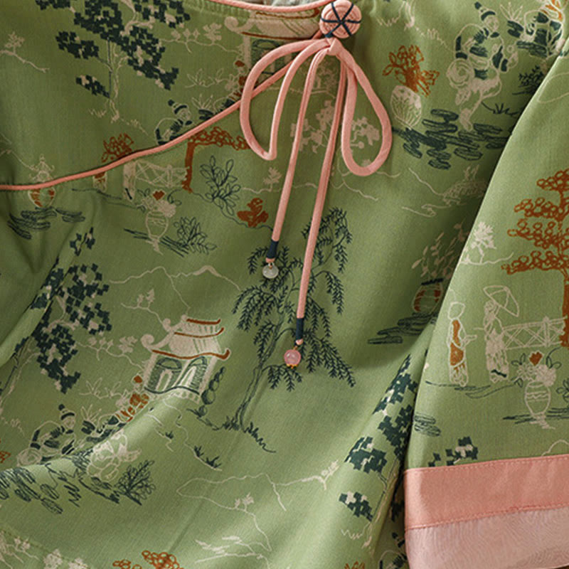 Buddha Stones Summer Tang Style Frog Button Floral Pavilion Women's Elbow-Length Sleeve Shirts - image 19