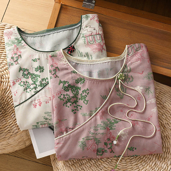 Buddha Stones Summer Tang Style Frog Button Floral Pavilion Women's Elbow-Length Sleeve Shirts - image 24