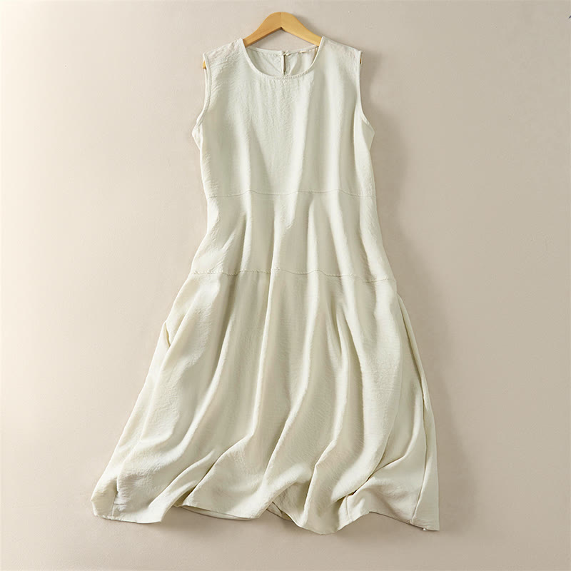 Buddha Stones Summer Cotton High Waist Women's Sleeveless Midi Dress With Pockets - Linen - US12，UK/AU16，EU44 (2XL) - image 3