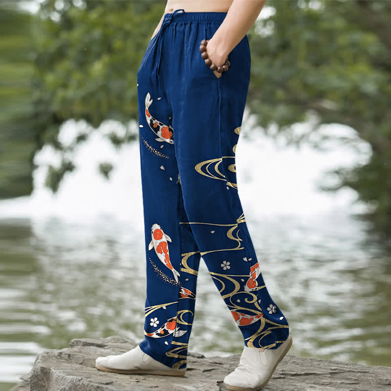 Buddha Stones Cotton Koi Fish Ripple Pattern Men's Tapered Pants With Pockets - image 9