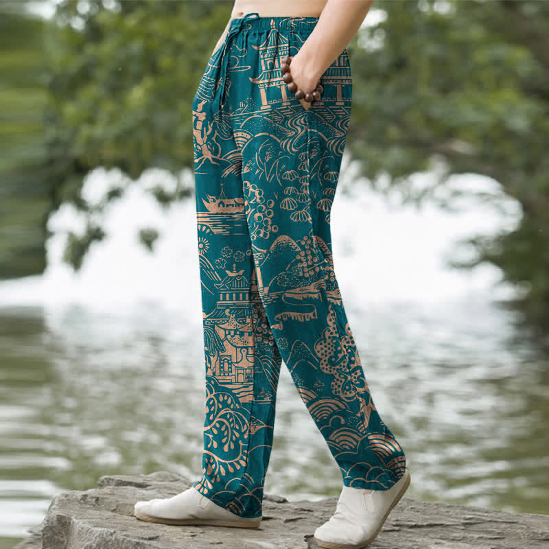 Buddha Stones Cotton Oriental Landscape Pattern Men's Tapered Pants With Pockets - image 1