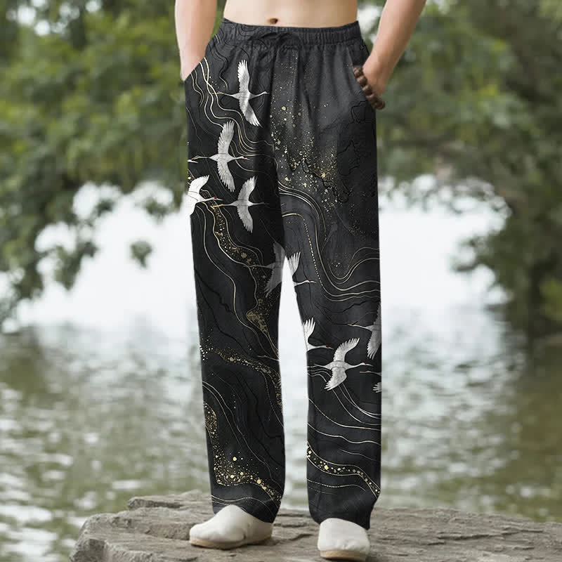 Buddha Stones Cotton White Crane Wave Pattern Men's Tapered Pants With Pockets - Black - US/UK/AU50，EU60 (5XL) - image 0