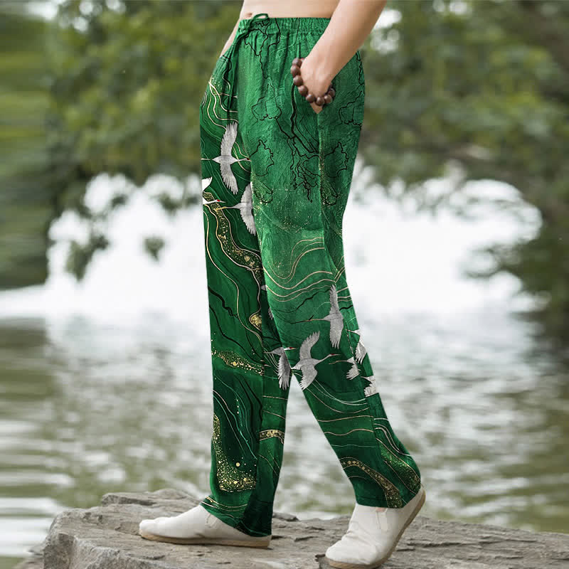 Buddha Stones Cotton White Crane Wave Pattern Men's Tapered Pants With Pockets - image 5