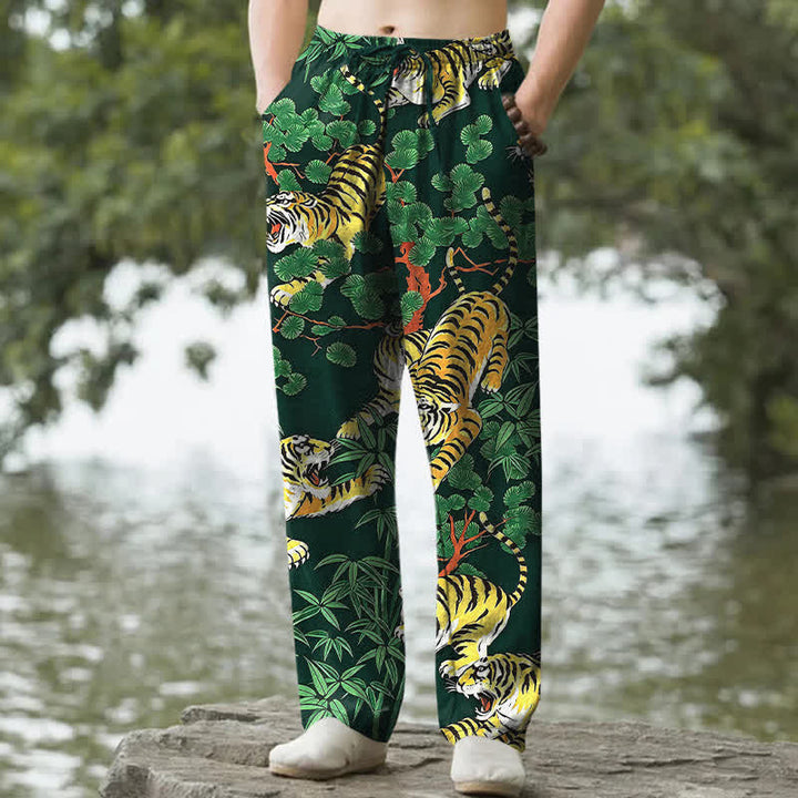 Buddha Stones Cotton Tiger Jungle Pattern Men's Tapered Pants With Pockets - DarkGreen - US/UK/AU50，EU60 (5XL) - image 8