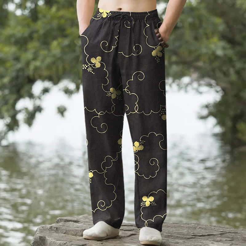 Buddha Stones Cotton Golden Floral Cloud Pattern Men's Tapered Pants With Pockets - Black - US/UK/AU50，EU60 (5XL) - image 4