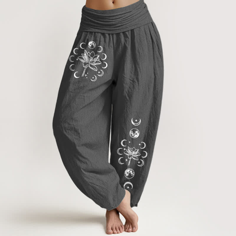 Buddha Stones Pure Cotton Lotus Moon Phase Pattern Women's Elastic Waist Harem Pants - DimGray - US16，UK/AU20，EU48 (3XL) - image 8