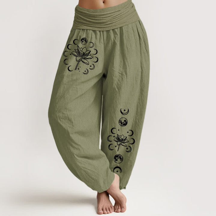 Buddha Stones Pure Cotton Lotus Moon Phase Pattern Women's Elastic Waist Harem Pants - OliveDrab - US16，UK/AU20，EU48 (3XL) - image 14