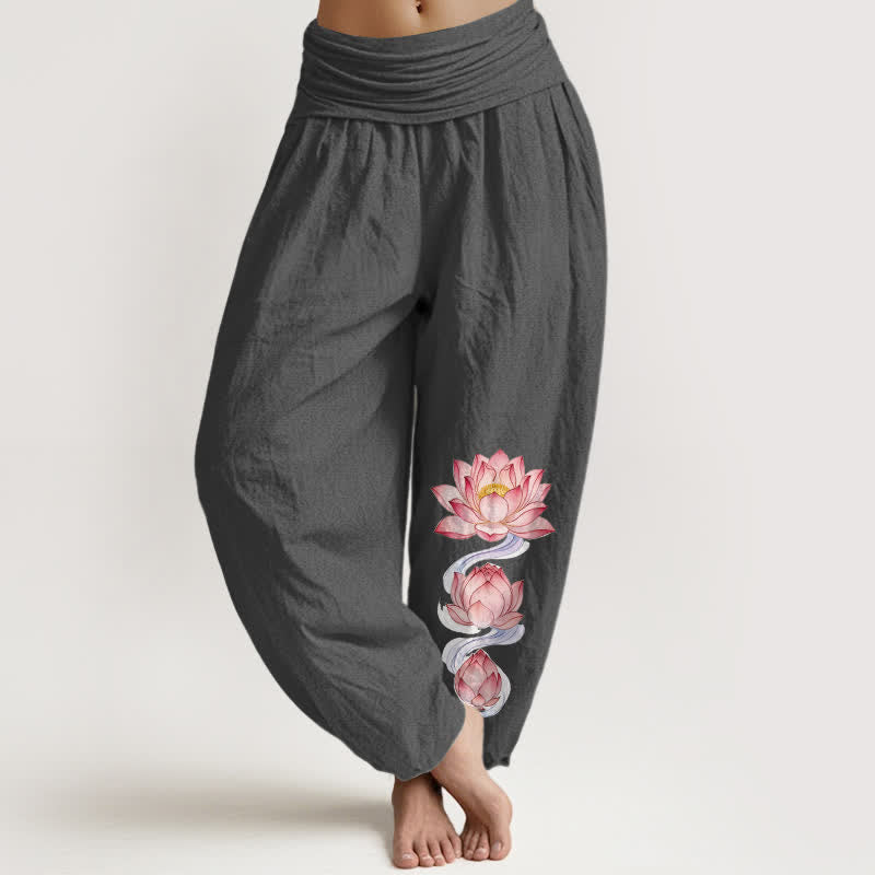 Buddha Stones Pure Cotton Pink Lotus Pattern Women's Elastic Waist Harem Pants - DimGray - US16，UK/AU20，EU48 (3XL) - image 8