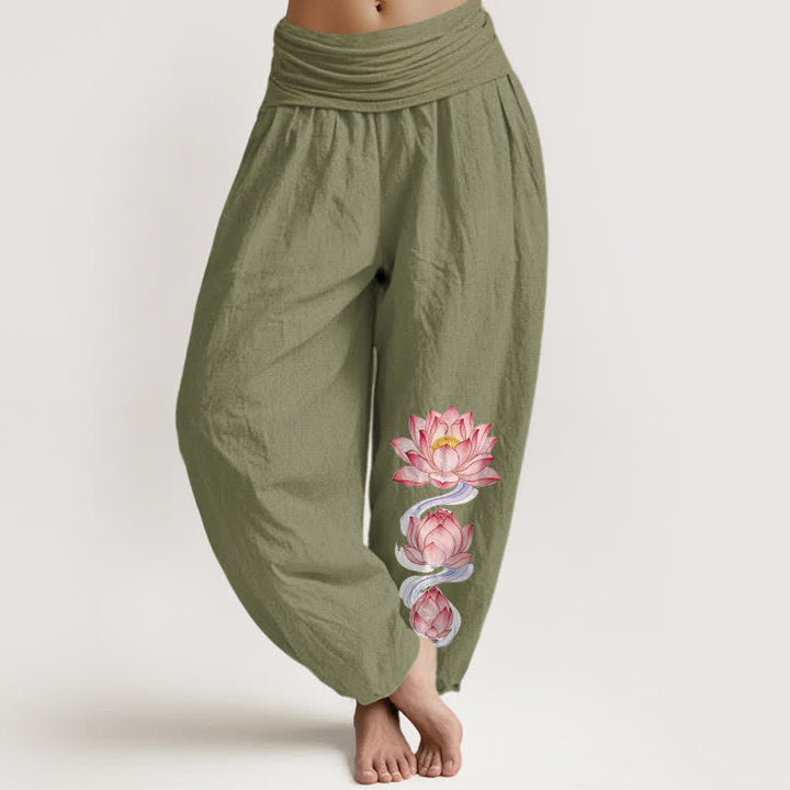 Buddha Stones Pure Cotton Pink Lotus Pattern Women's Elastic Waist Harem Pants - OliveDrab - US16，UK/AU20，EU48 (3XL) - image 14