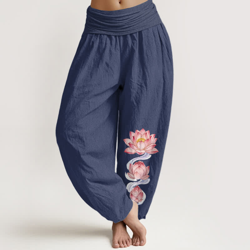 Buddha Stones Pure Cotton Pink Lotus Pattern Women's Elastic Waist Harem Pants - DarkSlateBlue - US16，UK/AU20，EU48 (3XL) - image 5