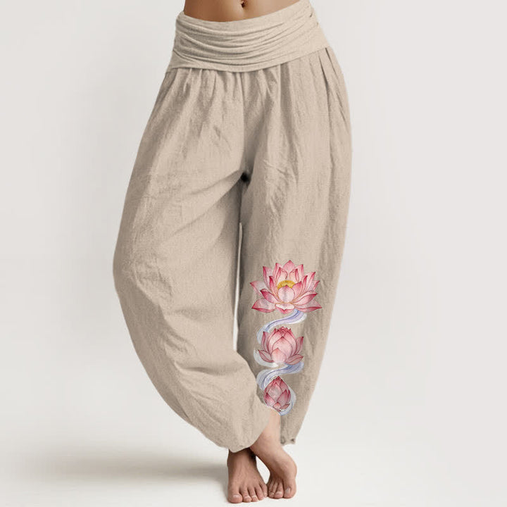 Buddha Stones Pure Cotton Pink Lotus Pattern Women's Elastic Waist Harem Pants - Linen - US16，UK/AU20，EU48 (3XL) - image 11