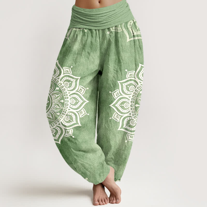 Buddha Stones Pure Cotton White Mandala Floral Pattern Women's Elastic Waist Harem Pants - LightGreen - US16，UK/AU20，EU48 (3XL) - image 0