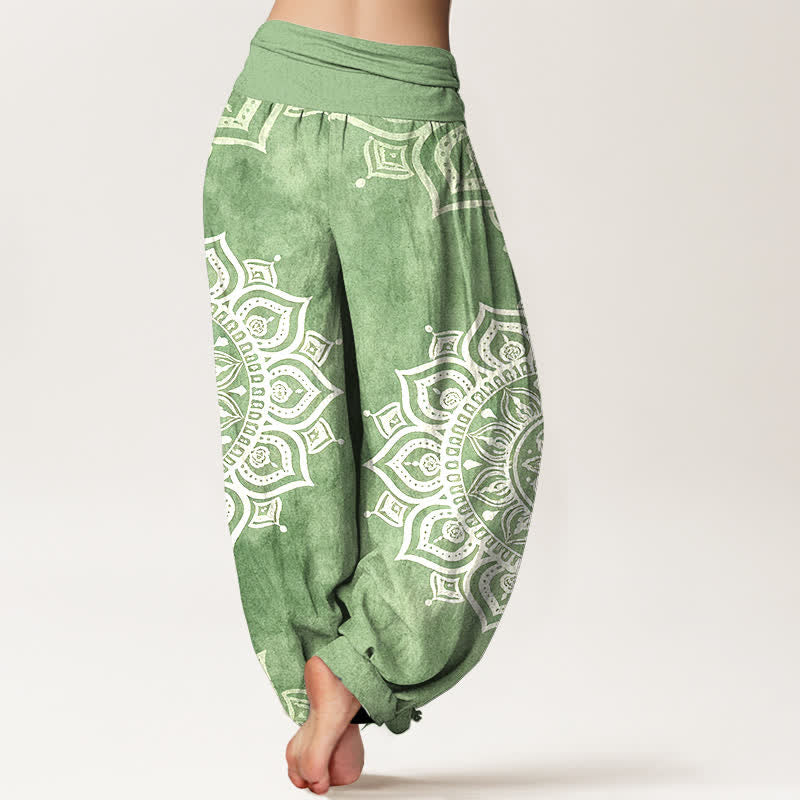 Buddha Stones Pure Cotton White Mandala Floral Pattern Women's Elastic Waist Harem Pants - image 1