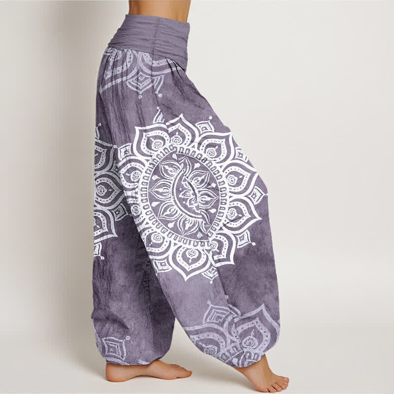 Buddha Stones Pure Cotton White Mandala Floral Pattern Women's Elastic Waist Harem Pants - image 7
