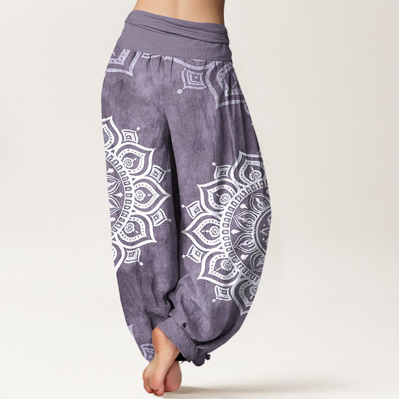 Buddha Stones Pure Cotton White Mandala Floral Pattern Women's Elastic Waist Harem Pants - image 6