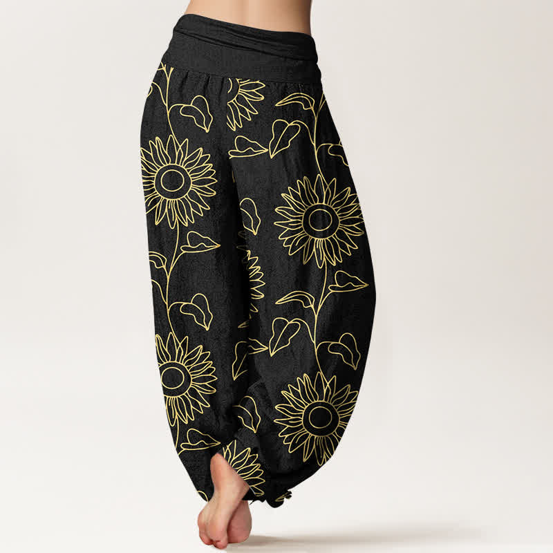 Buddha Stones Cotton Gold Sunflower Line Art Pattern Women's Elastic Waist Harem Pants - image 6