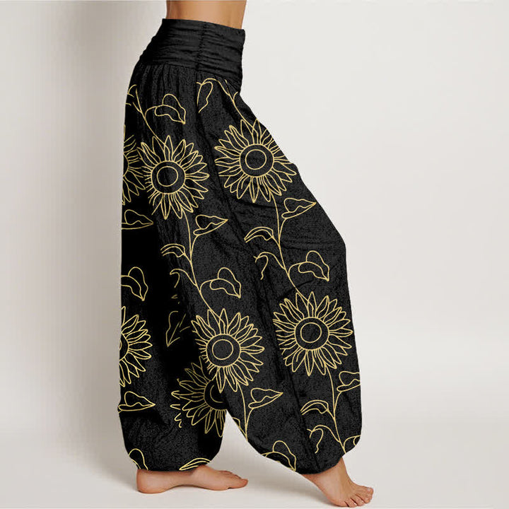 Buddha Stones Cotton Gold Sunflower Line Art Pattern Women's Elastic Waist Harem Pants - image 7