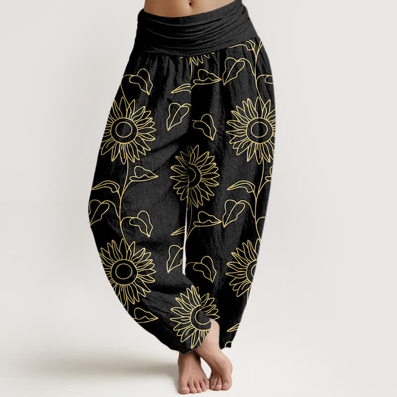 Buddha Stones Cotton Gold Sunflower Line Art Pattern Women's Elastic Waist Harem Pants - Black - US16，UK/AU20，EU48 (3XL) - image 5