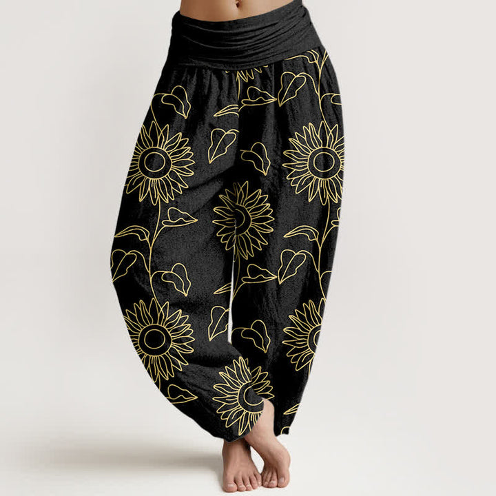 Buddha Stones Cotton Gold Sunflower Line Art Pattern Women's Elastic Waist Harem Pants - Black - US16，UK/AU20，EU48 (3XL) - image 5