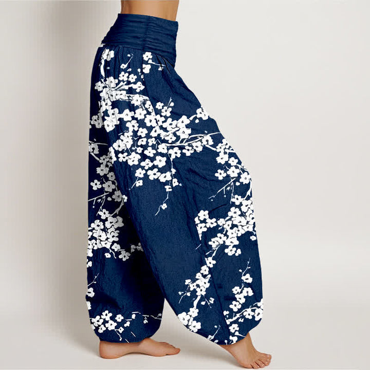 Buddha Stones Pure Cotton White Blossom Branch Pattern Women's Elastic Waist Harem Pants - image 2