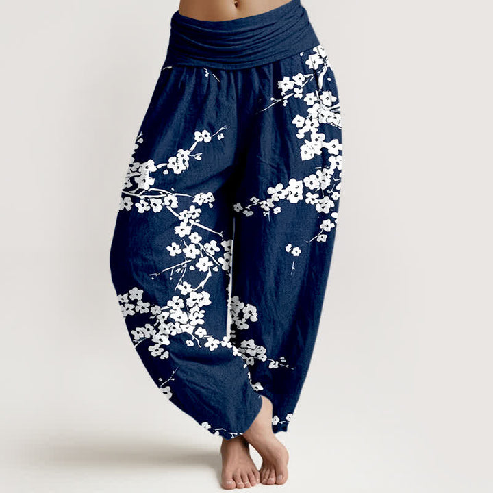 Buddha Stones Pure Cotton White Blossom Branch Pattern Women's Elastic Waist Harem Pants - Navy - US16，UK/AU20，EU48 (3XL) - image 0