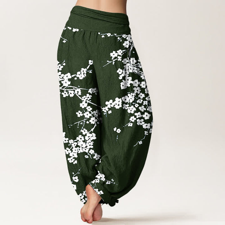 Buddha Stones Pure Cotton White Blossom Branch Pattern Women's Elastic Waist Harem Pants - image 6