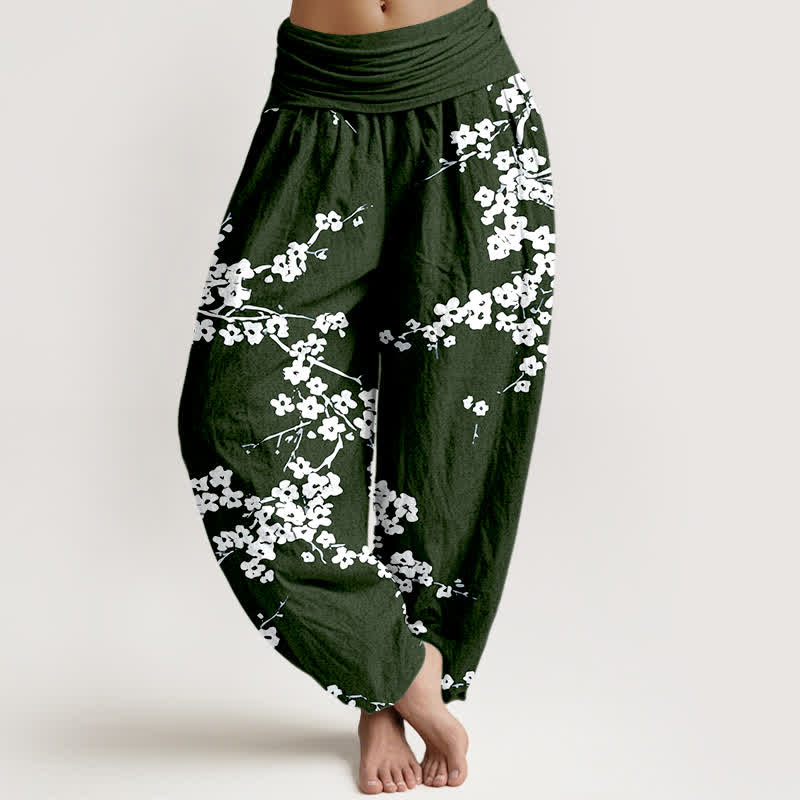 Buddha Stones Pure Cotton White Blossom Branch Pattern Women's Elastic Waist Harem Pants - DarkGreen - US16，UK/AU20，EU48 (3XL) - image 5