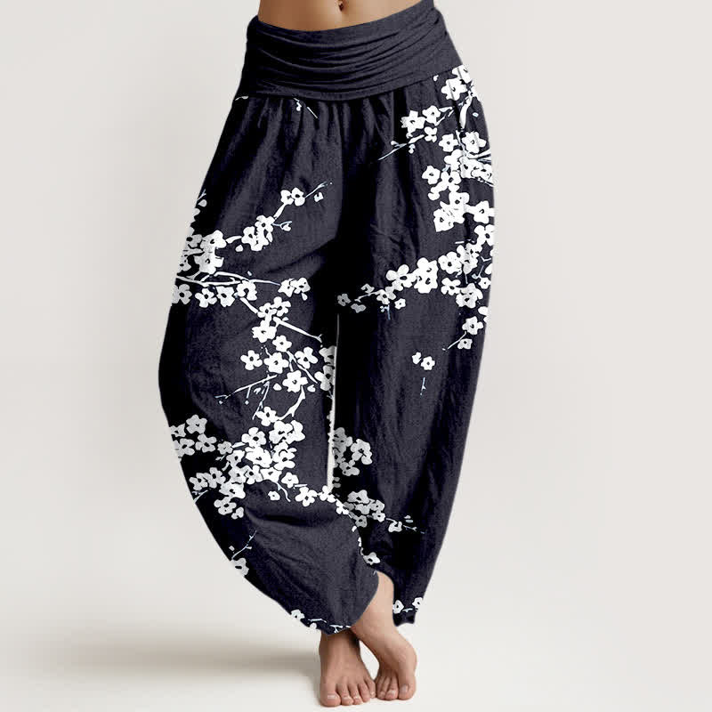 Buddha Stones Pure Cotton White Blossom Branch Pattern Women's Elastic Waist Harem Pants - Black - US16，UK/AU20，EU48 (3XL) - image 8