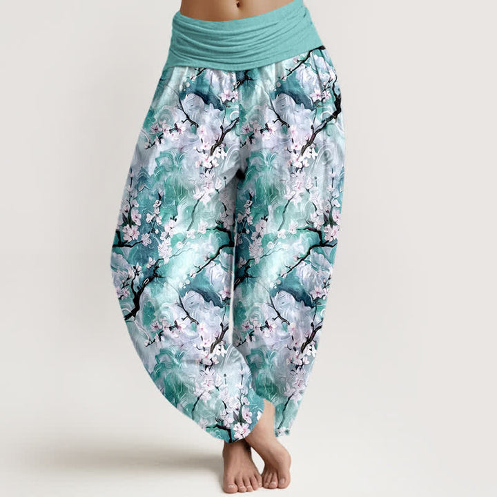 Buddha Stones Pure Cotton Watercolor Floral Pattern Women's Elastic Waist Harem Pants - Turquoise - US16，UK/AU20，EU48 (3XL) - image 5