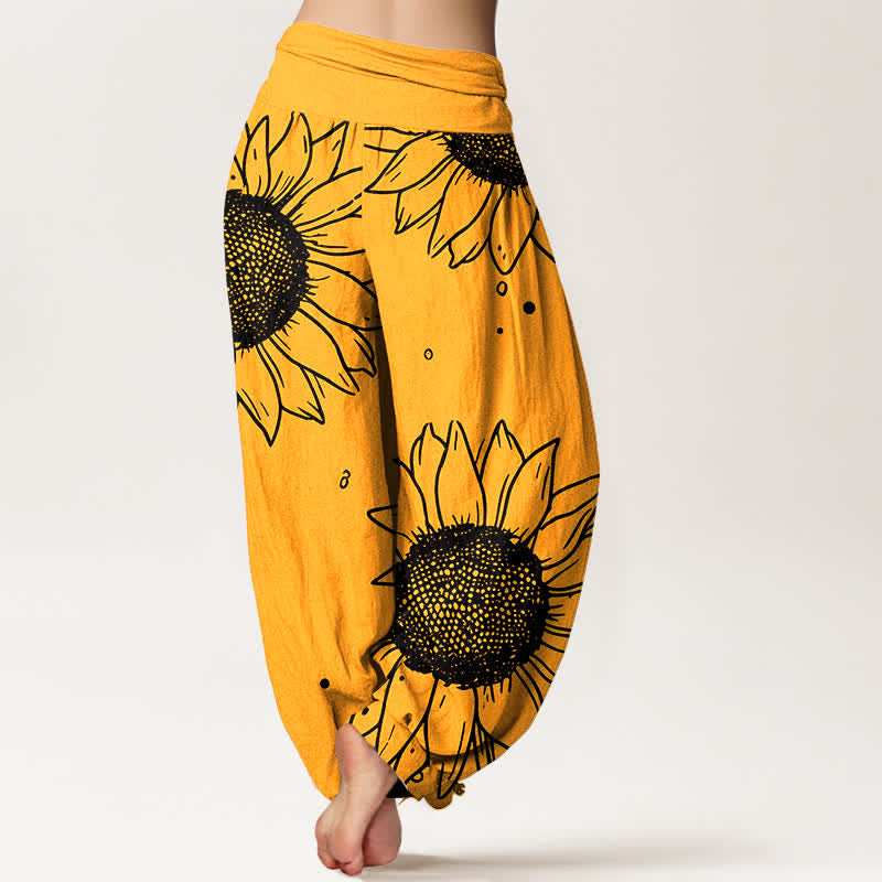 Buddha Stones Pure Cotton Sunflower Bloom Pattern Women's Elastic Waist Harem Pants - image 1