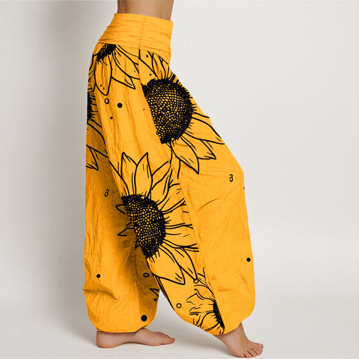 Buddha Stones Pure Cotton Sunflower Bloom Pattern Women's Elastic Waist Harem Pants - image 2
