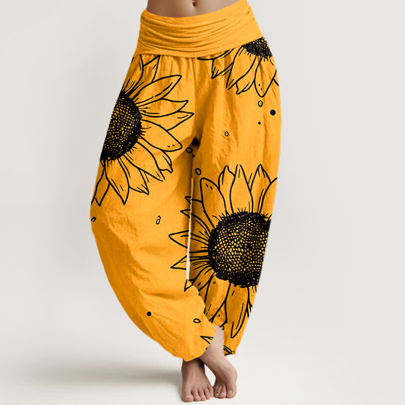 Buddha Stones Pure Cotton Sunflower Bloom Pattern Women's Elastic Waist Harem Pants - Orange - US16，UK/AU20，EU48 (3XL) - image 0