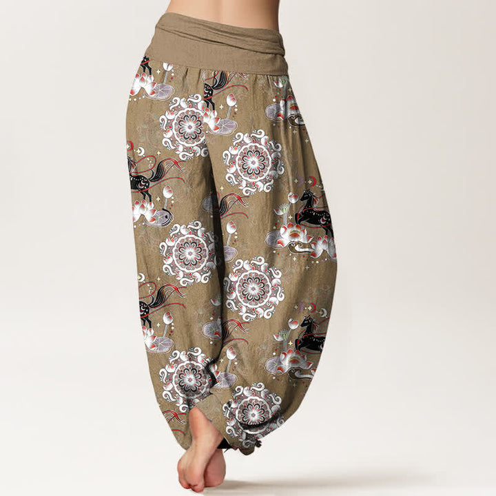 Buddha Stones Pure Cotton Horse, Lotus And Mandala Pattern Women's Elastic Waist Harem Pants - image 9