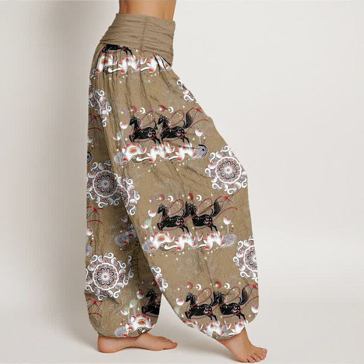 Buddha Stones Pure Cotton Horse, Lotus And Mandala Pattern Women's Elastic Waist Harem Pants - image 10