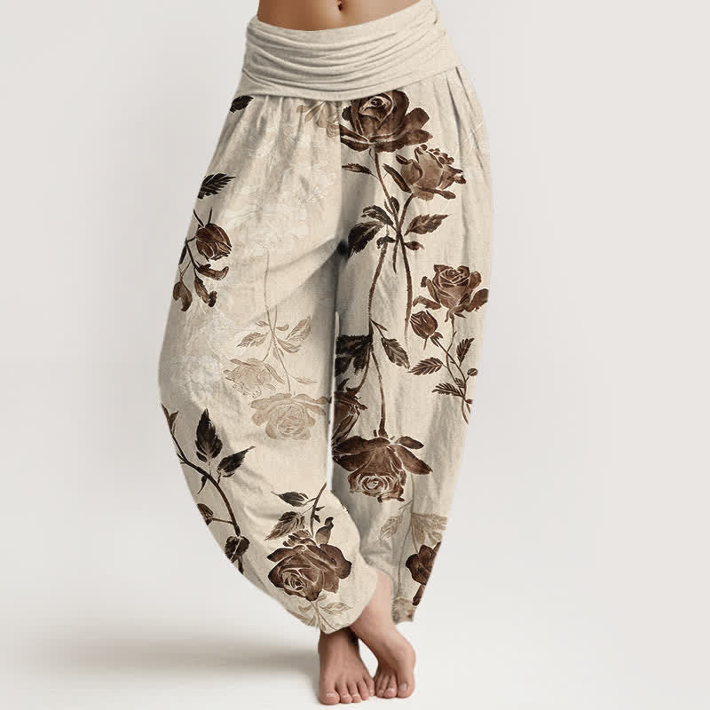 Buddha Stones Cotton Vintage Rose Pattern Women's Elastic Waist Harem Pants - Linen - US16，UK/AU20，EU48 (3XL) - image 0