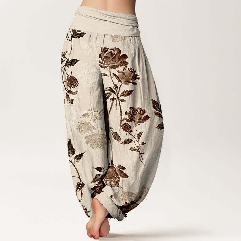 Buddha Stones Cotton Vintage Rose Pattern Women's Elastic Waist Harem Pants - image 1