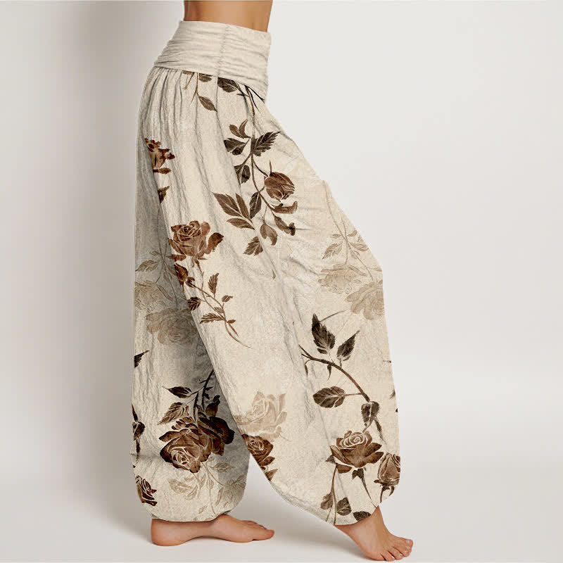 Buddha Stones Cotton Vintage Rose Pattern Women's Elastic Waist Harem Pants - image 2