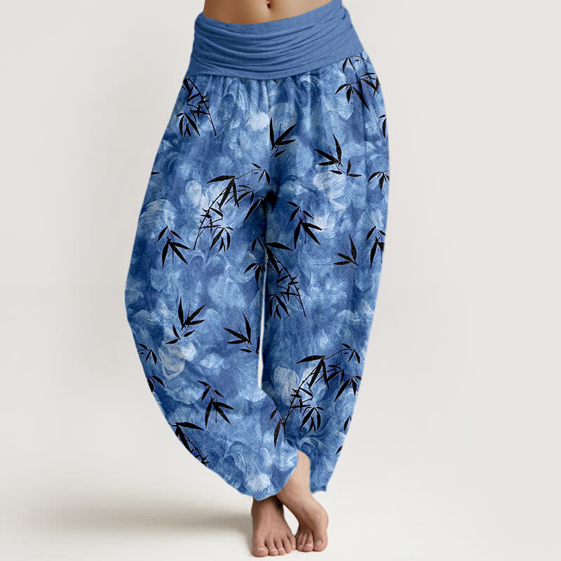 Buddha Stones Pure Cotton Black Bamboo Leaf Pattern Women's Elastic Waist Harem Pants - CornflowerBlue - US16，UK/AU20，EU48 (3XL) - image 8