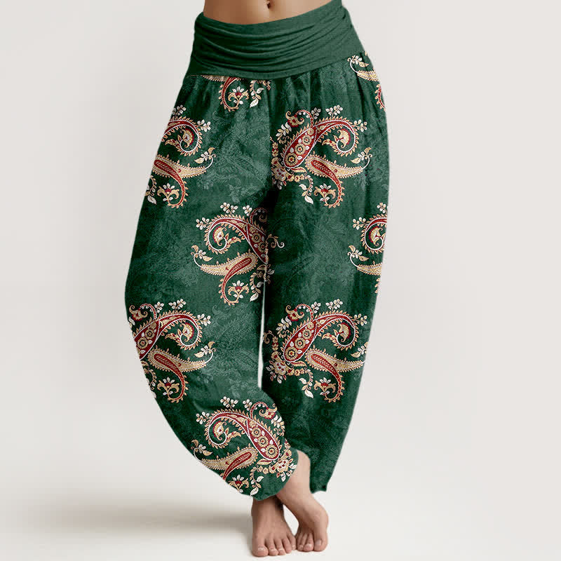 Buddha Stones Pure Cotton Elegant Paisley Pattern Women's Elastic Waist Harem Pants - ForestGreen - US16，UK/AU20，EU48 (3XL) - image 0