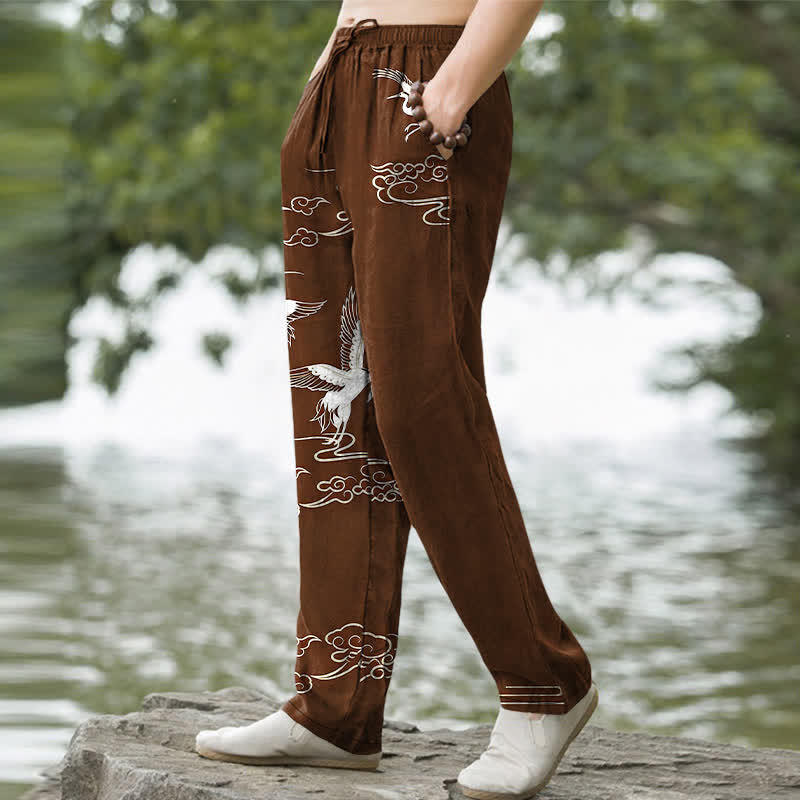 Buddha Stones Cotton White Crane Wave Pattern Men's Tapered Pants With Pockets - image 7