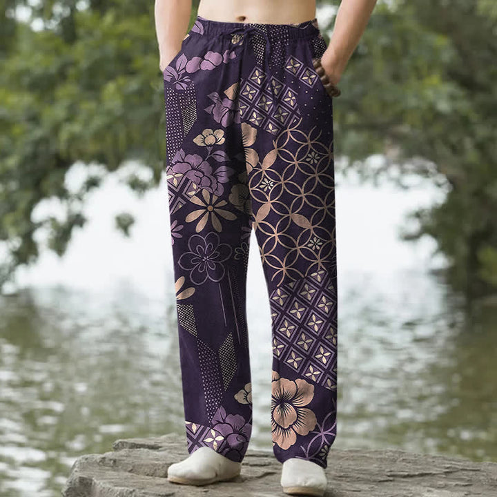 Buddha Stones Cotton Bohemian Floral Geometric Pattern Men's Tapered Pants With Pockets - Purple - US/UK/AU50，EU60 (5XL) - image 4