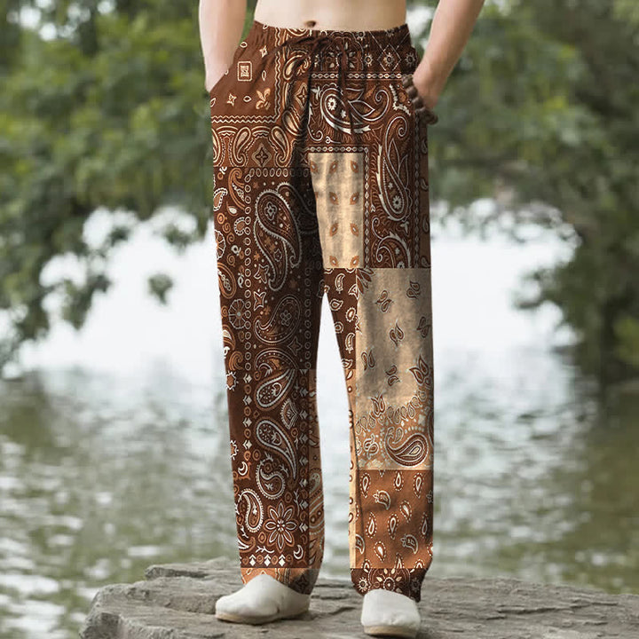 Buddha Stones Cotton Various Paisley Pattern Men's Tapered Pants With Pockets - SaddleBrown - US/UK/AU50，EU60 (5XL) - image 6